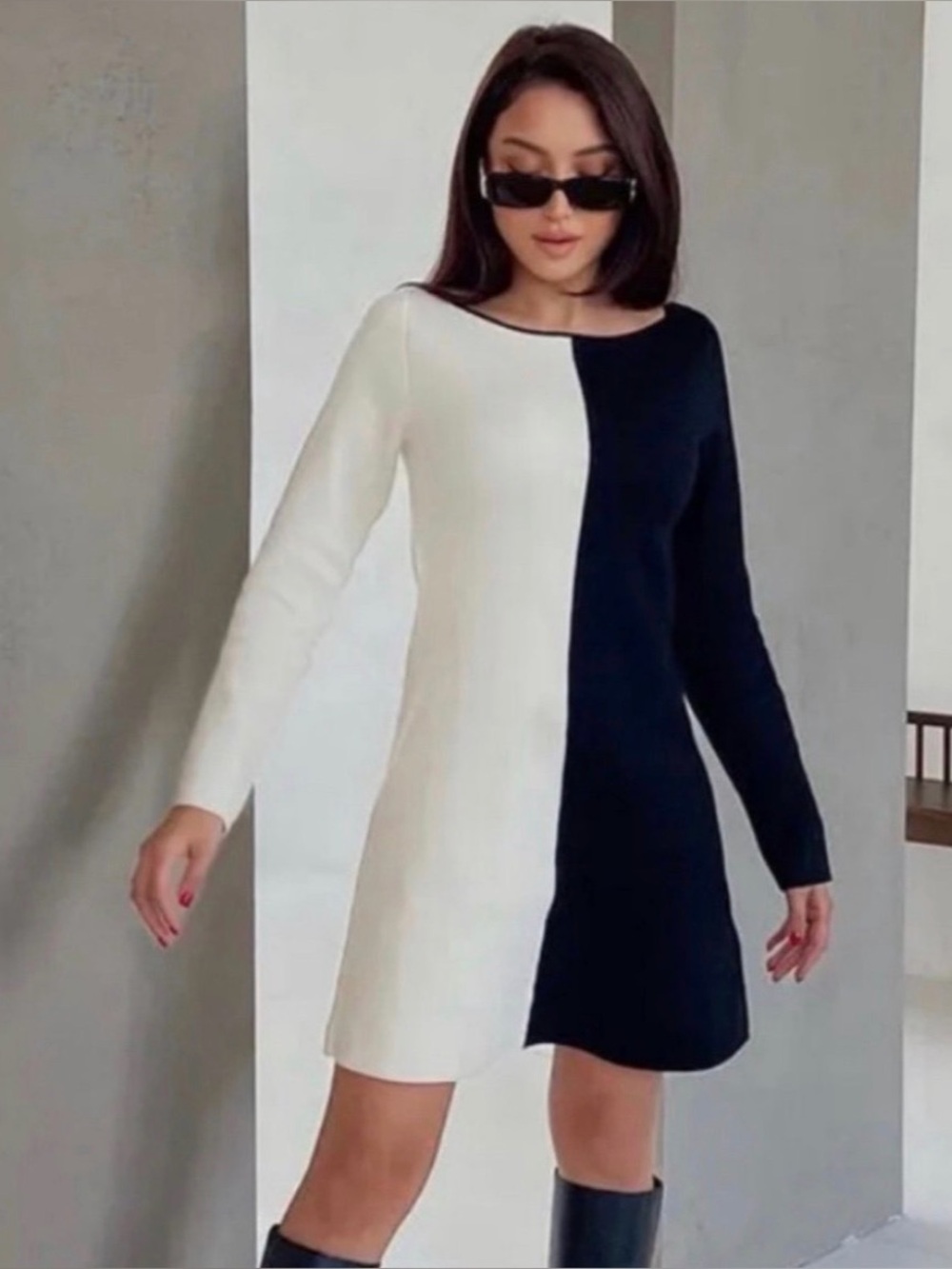 Two-Tone Long-Sleeve Dress